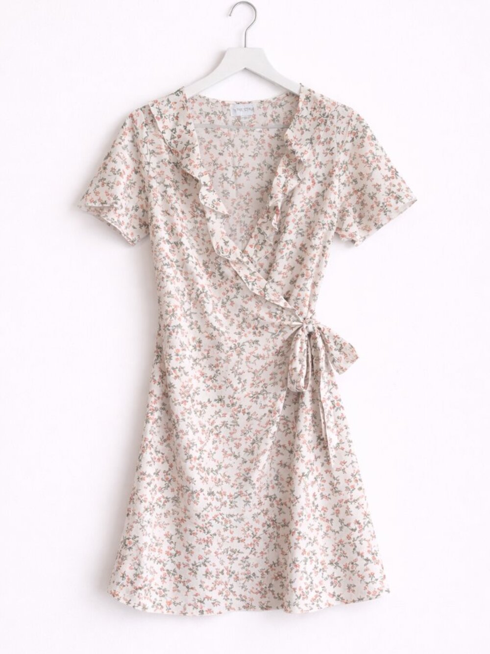 In the Style White Floral Wrap Tie Ruffle Short Sleeve Mini Sun Dress